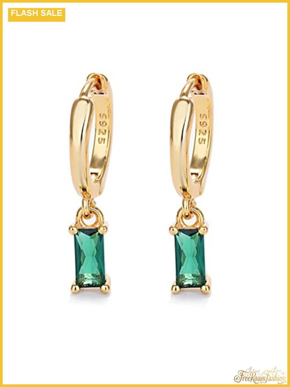 14K Gold Plated Huggie Hoop Earrings with Green Zircon Drop, Hypoallergenic for